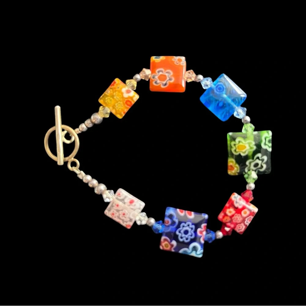 Millefiori Multi-Color Venetian Glass Bead Bracelet with Sterling Silver Clasp